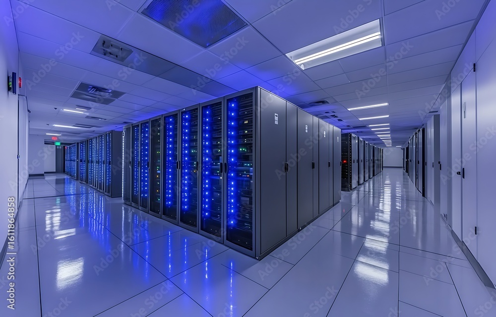 Modern data center hallway with rows of illuminated server racks ...