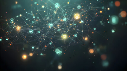 Wall Mural - Abstract network of interconnected data icons.  Detailed network graphic with glowing symbols