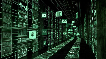 Wall Mural - A dark, futuristic tunnel lined with glowing green digital data.  Icons representing social media, video, and analytics populate the walls.  The path is highlighted with  glowing  lines