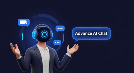 Man in vr headset with ai chat bubbles and suit against a dark blue digital technology background