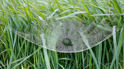 Delicate spiderweb, covered in morning dew, spans across tall grass.  The intricate web design is highlighted by the moisture