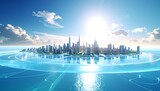 Futuristic Cityscape on Island Under Bright Blue Sky