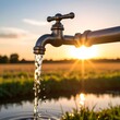 © Fina - Water flowing from a faucet at sunset over a field and pond
