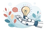Ręka robota z żarówką symbolizującą nowy pomysł, technologię i kreatywne rozwiązanie przyszłości.
