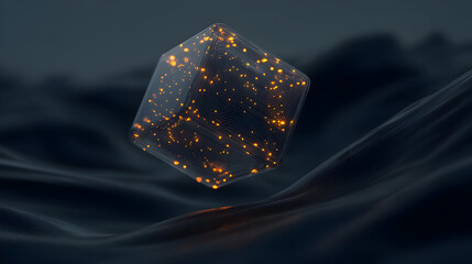 Wall Mural - Floating, translucent cube with glowing inner lights, set against a dark, rippled surface