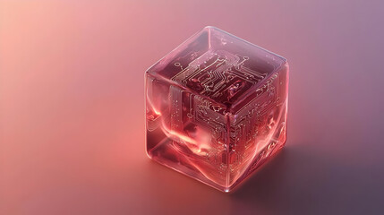 Wall Mural - Transparent cube, glowing red circuit board inside.  Intricate circuit patterns visible through the cube's clear material.  Soft lighting, gradient background