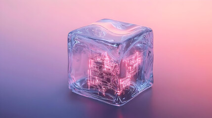Wall Mural - A transparent ice cube, seemingly holding a glowing circuit board inside