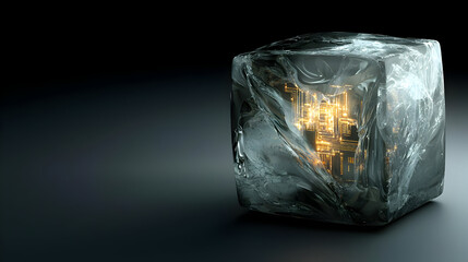 Wall Mural - Frozen cube, intricate golden internal structure glows faintly