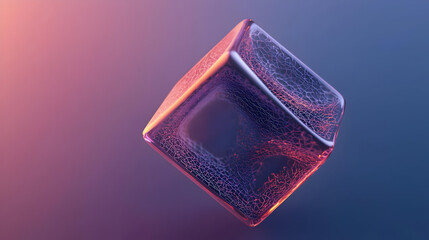 Wall Mural - A transparent, glowing cube,  with an intricate network design,  hovering in soft, gradient light
