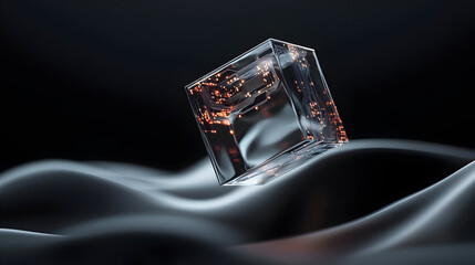 Wall Mural - Transparent cube, amber highlights, dark background, smooth surface.  Floating crystal cube with warm amber light details, resting on a dark, flowing surface