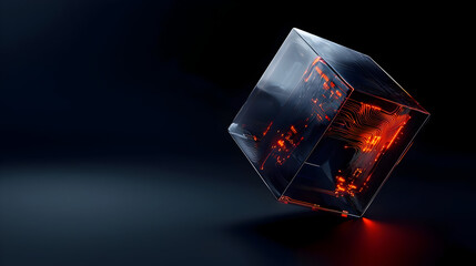 Wall Mural - Transparent cube, glowing internal circuitry, dark backdrop.  Detailed internal components,  illuminated in orange-red,  modern, abstract design,  high-tech