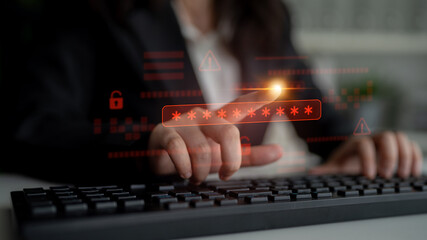 Wall Mural - password security breach warning with red asterisk box, cybersecurity alert, lock icons, and critica