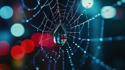 Close-Up of a Dewdrop on a Spider's Web Reflecting the Environment and Surrounding Light -