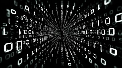 Digital stream of binary code flowing into infinity technology data