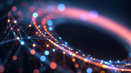 Digital network connections with glowing nodes and fiber optic lines. Abstract technology background featuring interconnected data points, cyber communication pathways, and bright bokeh effects