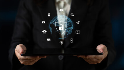 Wall Mural - cyber security protects against breaches, hacks, and network attacks using strong infrastructure and