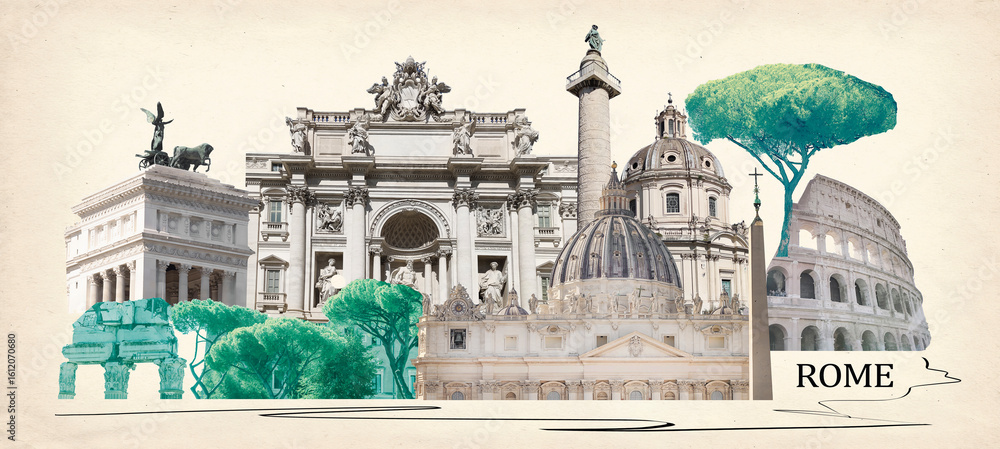 Ilustración de Stock Rome famous landmarks collage. The modern art ...