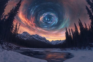 Aurora colors swirling above a quiet pine forest, starry sky and snowy ground 