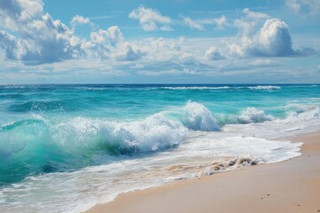 Wall Mural - Sunny beach day with blue skies and white clouds, vibrant waves crashing on the shore creating a serene coastal atmosphere and perfect conditions for relaxation and fun activities