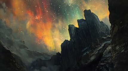 Jagged cliffs beneath streaming auroras, vibrant celestial display