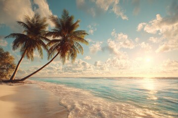 Wall Mural - Sunrise over a serene tropical beach with palm trees on the sandy shore and gentle waves lapping in the background