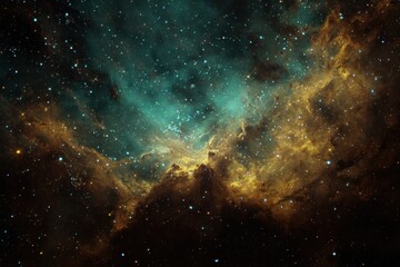 Wall Mural - golden nebula illuminated by teal accents and scattered stars creates a cosmic spectacle in the vast