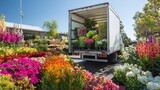 Flower Truck Delivery: Fresh blooms transported in a white delivery truck, surrounded by vibrant colorful flower fields. Seasonal plants for your garden.