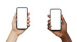 © Mishrat - Two hands holding smartphones with blank white screens on a transparent background