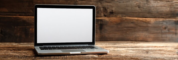 Open Laptop on Wooden Desk Displaying a Blank Ad Panel With a Rustic Background, Perfect for Online Marketing or Digital Workspace
