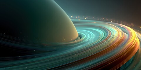Wall Mural - a vibrant cosmic scene depicting a planet with brilliant turquoise and golden rings swirling in spac