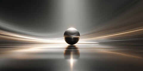 Wall Mural - a dramatic minimal digital scene featuring a single metallic sphere illuminated on a reflective surf