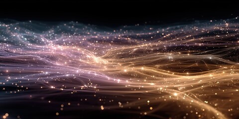 Wall Mural - golden and violet light waves with glowing sparks on a dark surface