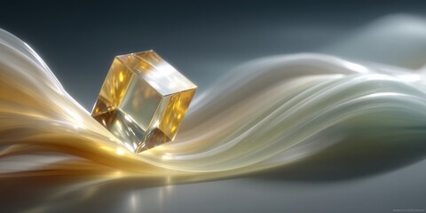 Wall Mural - a radiant golden cube sits gracefully atop silky, flowing white and gold waves illuminated by soft l