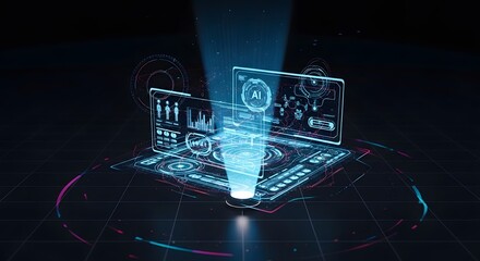 Futuristic digital interface projecting data and information onto a screen.