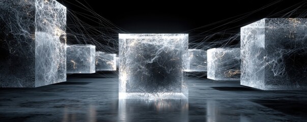Wall Mural - abstract glowing cubes with interconnected neural-like webs in a dark space