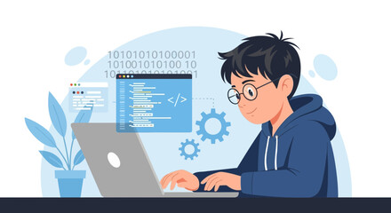 Focused Young Programmer Writing Code On Laptop In Creative Office Setting