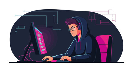 Focused Young Coder Developing Software With Headphones At Night In The Dark