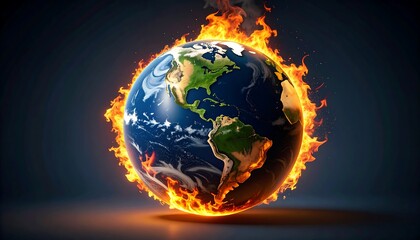 Canvas Print - Earth on fire and burning down, global catastrophe and world destroyed on dark background