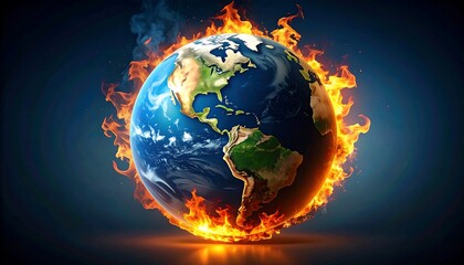 Canvas Print - Earth on fire and burning down, global catastrophe and world destroyed on dark background