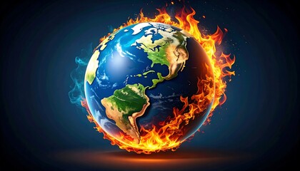 Canvas Print - Earth on fire and burning down, global catastrophe and world destroyed on dark background