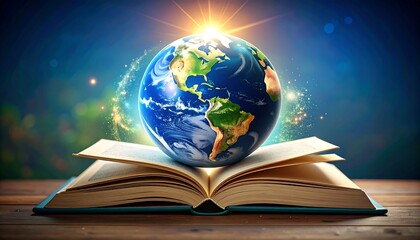 Canvas Print - Earth on open book background, world book day, international literacy day