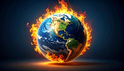 Canvas Print - Earth on fire and burning down, global catastrophe and world destroyed on dark background