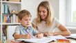 © Violet - Mother helping young boy with drawing at home table