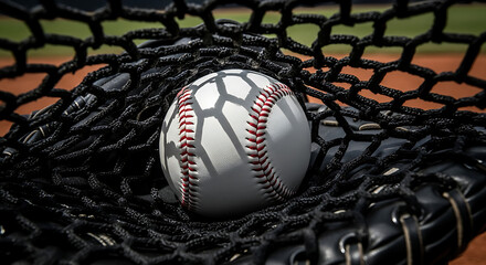 Close up of a baseball inside a catcher's mitt with netting in focus on a baseball field