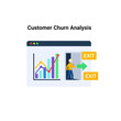 © Bayu - Illustration depicting customer churn analysis with a graph showing upward trends and a person exiting through a door labeled 'Exit.'.
