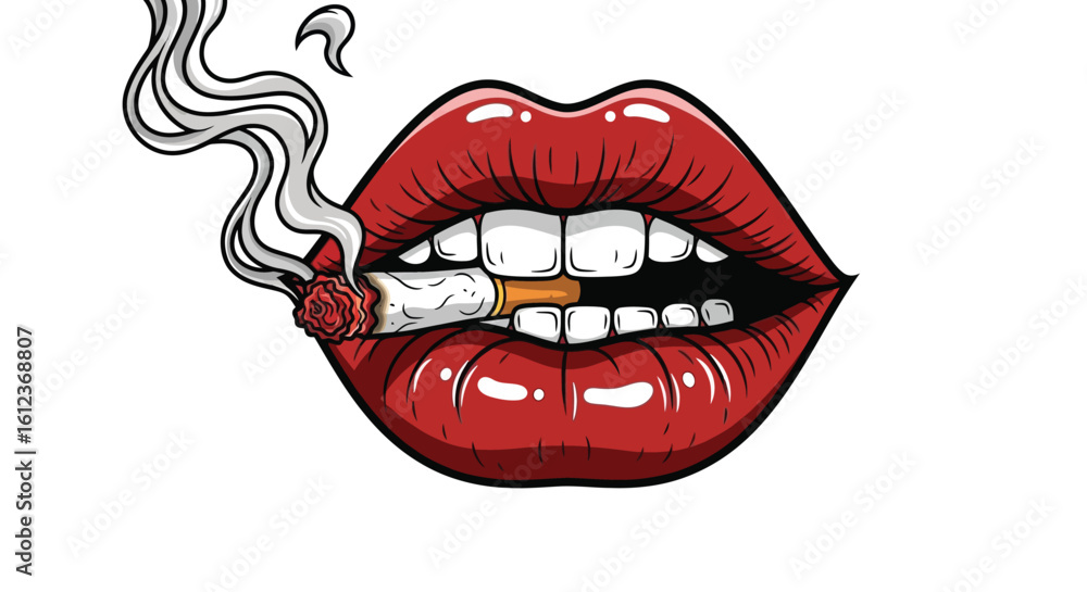 biting cigarette Sexy Red Lips Biting Cigarette Illustration with Smoke Stock Vector