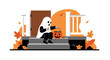 © RIZKY - Spooky Ghost With Pumpkin Bucket On Stairs Enjoying Halloween Candy