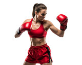 Powerful female boxer in red gear striking a dynamic pose, ready for combat with intense focus.