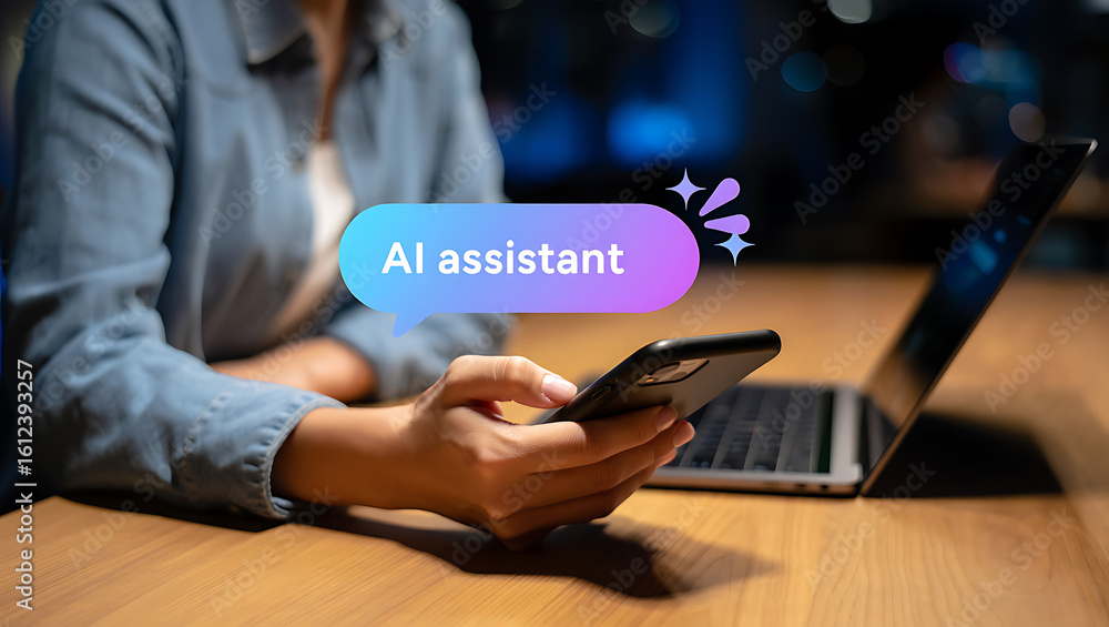 Person using a smartphone with ai assistant technology and a laptop in ...