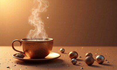 Wall Mural - a steaming cup of tea in an ornate gold cup sits on a saucer next to metallic spheres. warm, invitin